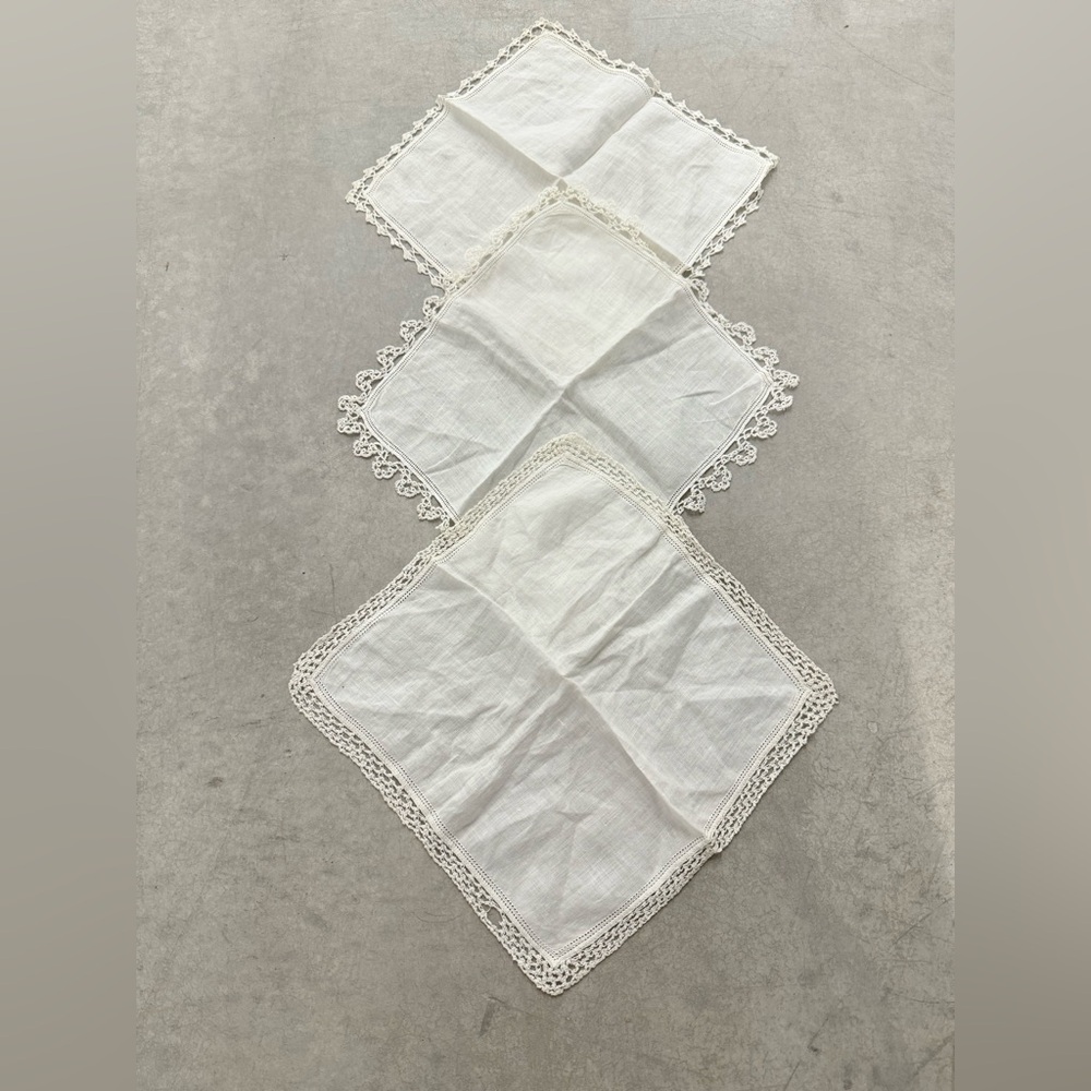 Vintage Set Of 3 Handmade Linen / Crochet Handkerchiefs 10” Square